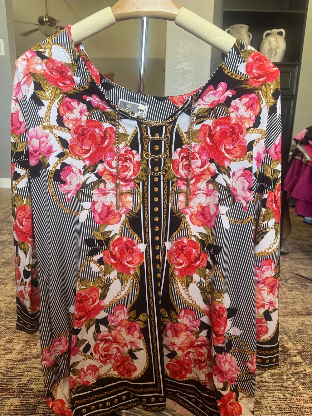 Floral Chain-Print Women's Top - Pink/Black - Unbranded